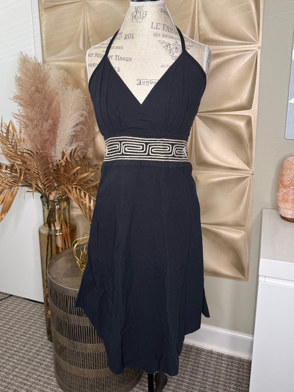 Women’s Black Halter Midi Dress Size M Embroidered Geometric Waist Dress